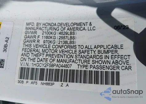 2023 Honda Accord Hybrid Sport из США, поврежденный, VIN 1HGCY2F58PA044807